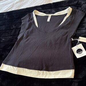 Daily Practice Anthro Black Tank with Cream Trim - Layered Scoop Neck